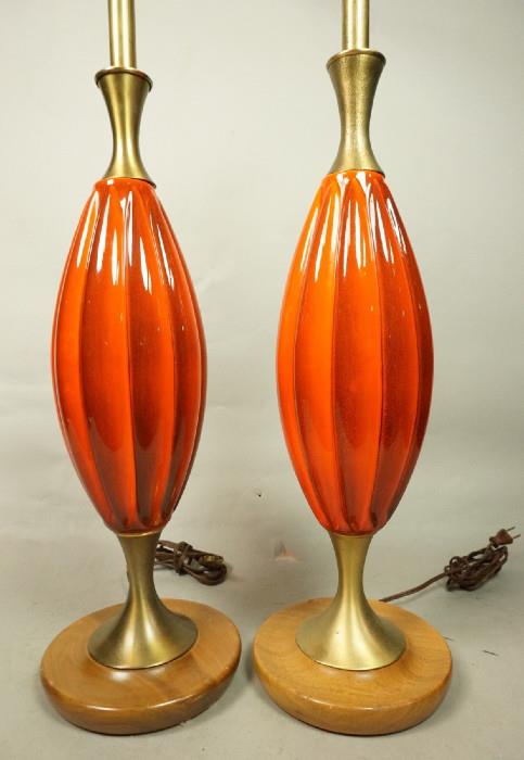 Lot 365  -  Pair Modernist Pottery and Metal Table Lamps on Wood base.-- Dimensions:  H: 27.25 inches --- 