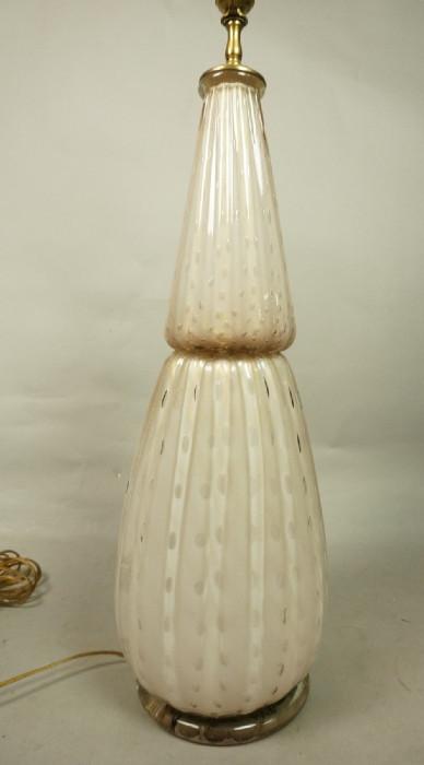 Lot 366  -  Large Murano Glass Table Lamp.  Pale glass with internal bubbles.  Ribbed design. -- Dimensions:  H: 36 inches: W: 8 inches --- 