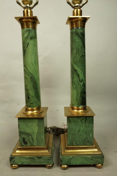 Lot 375  -  Pr Faux Malachite Classical Form Column Lamps. Brass Mounts and Trim. -- Dimensions:  H: 34 inches: W: 5.75 inches --- 