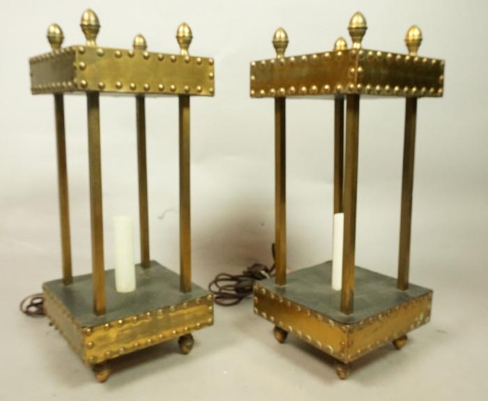 Lot 377  -  Pr Industrial style Riveted Brass Table Lamps. Square SARREID style Lamps with column corners. Not Marked. -- Dimensions:  H: 15.5 inches: W: 6.25 inches --- 