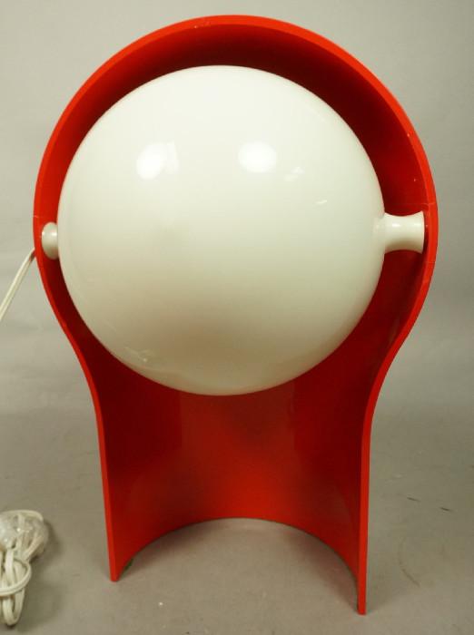Lot 380  -  Hooded Red Molded Plastic Lamp. VICO MAGISTRETTI. White plastic shade. Not marked.-- Dimensions:  H: 16 inches: W: 10.75 inches: D: 8 inches --- 