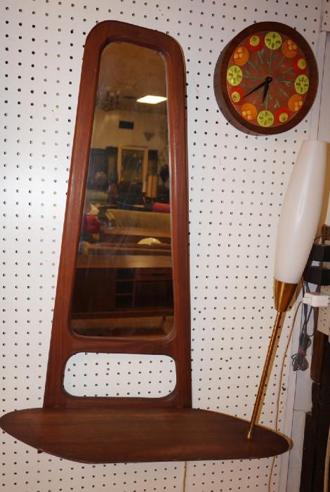 Lot 384  -   Modern Teak Modernist Wall Mirror Shelf Lamp. "A" Frame. Brass lamp with glass shade. -- Dimensions:  H: 37 inches: W: 24 inches: D: 8 inches --- 