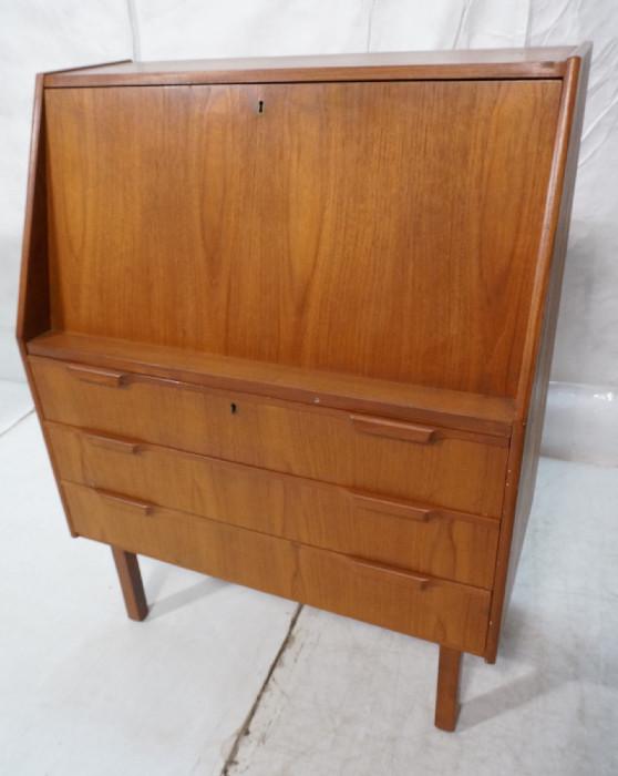 Lot 385  -  Modern Danish Teak Drop Slant Front Desk. Three drawers. Square Legs. Wood Pulls. -- Dimensions:  H: 43.5 inches: W: 33.5 inches: D: 17.25 inches --- 