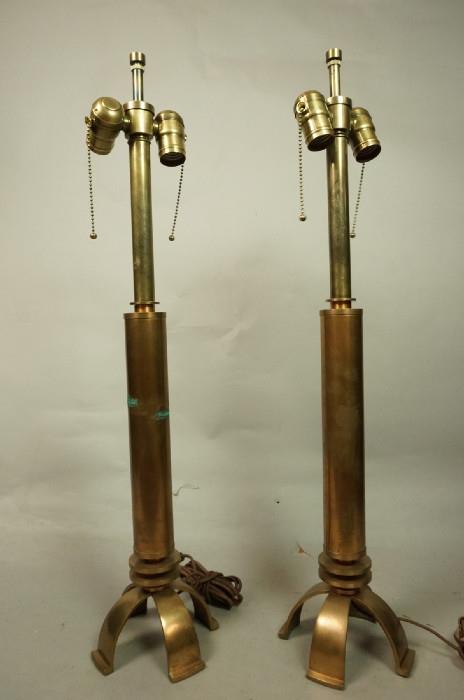 Lot 388  -  Pr Modernist Machine Age Brass Table Lamps. Domed base supports brass column  form.-- Dimensions:  H: 28.5 inches: W: 6 inches --- 