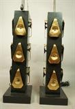 Lot 391  -  Pr Brutalist Ebonized Square Column Lamps. Hammered Brass Details. -- Dimensions:  H: 36.5 inches: W: 6.75 inches --- 