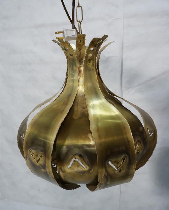 Lot 394  -  Brutalist Cut Brass Pendant Lamp.  Small chandelier Burnished brass,-- Dimensions:  H: 15.5 inches: W: 14.5 inches --- 