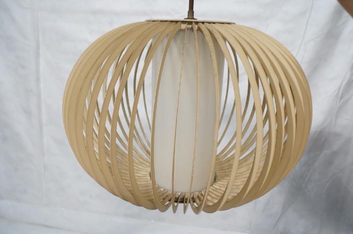 Lot 395  -  Cool Modernist Hanging Pendent Lamp Chandelier.  Thin metal ribs with internal glass Tube.-- Dimensions:  H: 15 inches: W: 18 inches --- 
