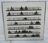 Lot 399  -  Large George Copeland Inc Oil on Canvas.  Black and white Bicyclists.  1972-- Dimensions:  H: 44 inches: W: 43.5 inches --- 