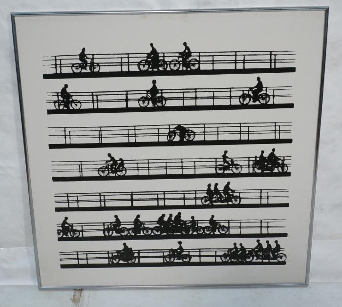 Lot 399  -  Large George Copeland Inc Oil on Canvas.  Black and white Bicyclists.  1972-- Dimensions:  H: 44 inches: W: 43.5 inches --- 
