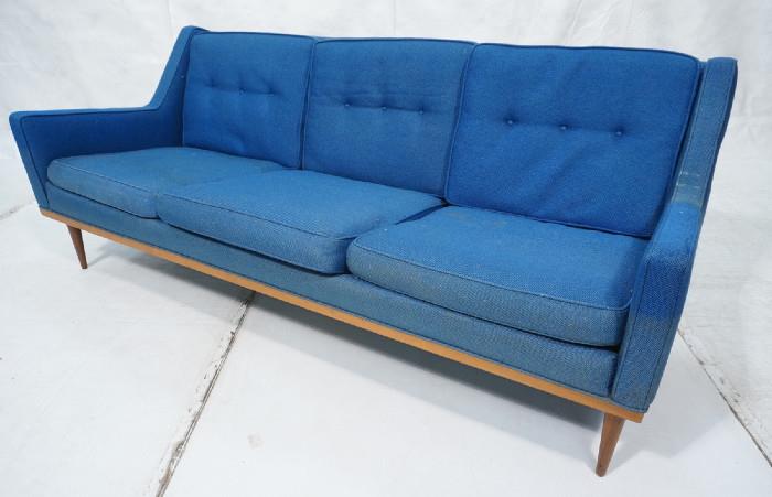 Lot 405  -  Milo Baughman Sofa Couch.  Blue Upholstery, Wood frame with tapered legs.-- Dimensions:  H: 28.5 inches: W: 70.5 inches: D: 29 inches --- 