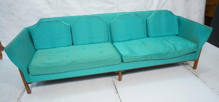 Lot 407  -  Dunbar Style Sofa Couch with Reverse Square Tapered Legs.  Unmarked.  Unique frame.-- Dimensions:  H: 31.5 inches: W: 104 inches: D: 32 inches --- 
