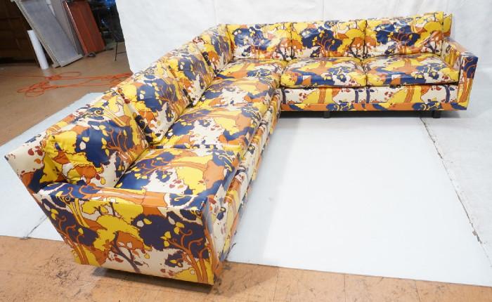 Lot 411  -  Custom Dorothy Lerner 2 Part Sofa Couch.  Vinylized Peter Max Upholstery.  L shaped.  -- Dimensions:  H: 28.5 inches: W: 89 inches: D: 106 inches --- 