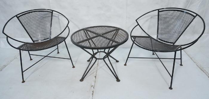 Lot 416  -  3pc Salterini Outdoor Set. 2 Chairs and a Table.  Unusual frame. -- Dimensions:  H: 26 inches: W: 29 inches: D: 26 inches --- 