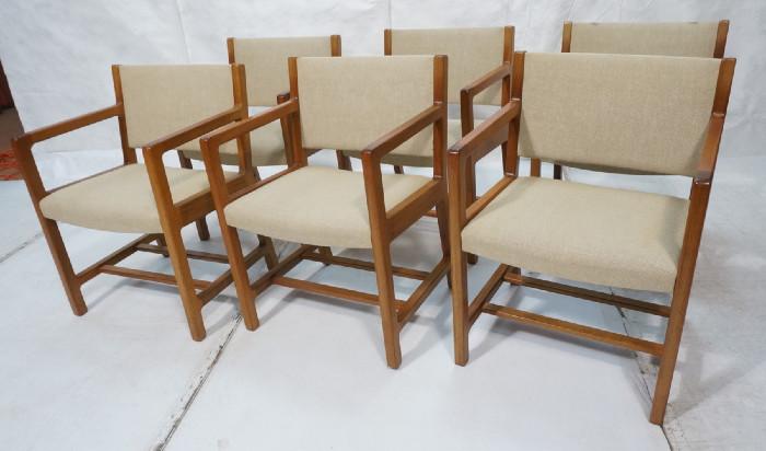 Lot 417  -  Set 6 Danish Modern Teak Arm Chairs.  Solid frames and oatmeal upholstery.-- Dimensions:  H: 31 inches: W: 22 inches: D: 21.5 inches --- 