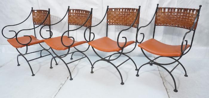 Lot 418  -  set of 4 Umanoff Style Arm Chairs.  Woven strap back on iron frame.  Arched base with scroll arms.  -- Dimensions:  H: 35 inches: W: 20 inches: D: 21 inches --- 