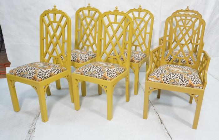 Lot 422  -  Set 6 Decorator Chinese Chippendale Dining Chairs.  Mustard Lacquer.  Chinese motif upholstery.  2 Arm 4 Side.-- Dimensions:  H: 41.5 inches: W: 23 inches: D: 23 inches --- 