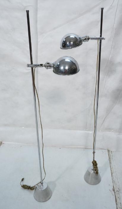 Lot 427  -  Pr OMI Chrome Floor Lamps. Thin rod column with semi circle shade. Adjustable height. Marked.-- Dimensions:  H: 56 inches: W: 12 inches --- 