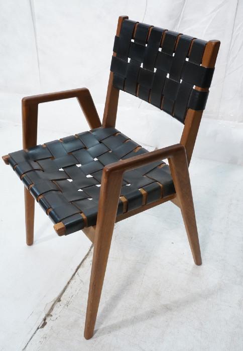 Lot 429  -  JENS RISOM style Arm Chair. Woven Black Leather Seat & Back. Tapered angled wood frame.-- Dimensions:  H: 32 inches: W: 20 inches: D: 20 inches --- 