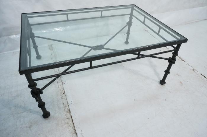 Lot 435  -  Baker & Knapp style Giacometti Series Coffee Table. Rectangular Cocktail Table with inset glass. Metal frame is painted black.-- Dimensions:  H: 17.5 inches: W: 40 inches: D: 28.25 inches --- 