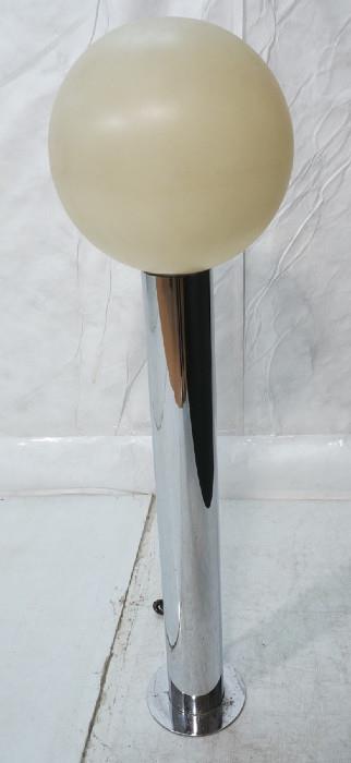 Lot 438  -  70's Modern Chrome Tube Column Floor Lamp. Paul Mayan attribution. Large plastic sphere shade.-- Dimensions:  H: 55 inches: W: 15.5 inches --- 