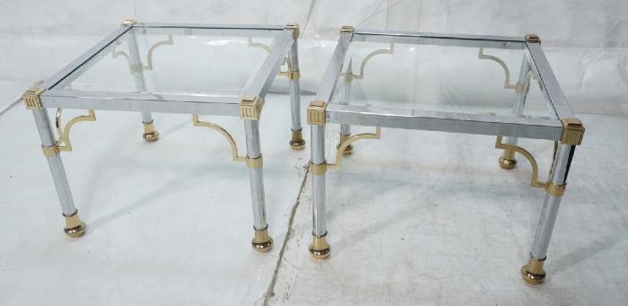 Lot 443  -  Pr Regency style Chrome & Gold Tone End Side Tables. Inset beveled glass -- Dimensions:  H: 16.5 inches --- 