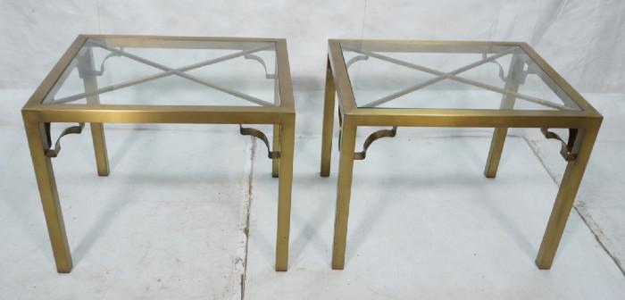 Lot 444  -  Pr Decorator Side End Tables. Mastercraft style brass. "X" stretcher top supports inset glass. -- Dimensions:  H: 22.25 inches: W: 23.25 inches: D: 28.25 inches --- 