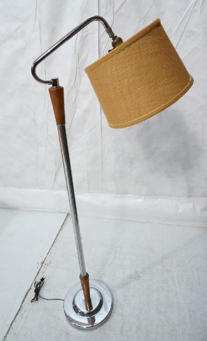 Lot 449  -  Vintage Art Deco Chrome Floor Lamp. Wood Accents. Original Shade.-- Dimensions:  H: 55 inches: W: 22 inches: D: 11 inches --- 