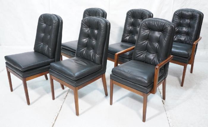 Lot 454  -  Set 6 MILO BAUGHMAN Attributed Dining Chairs. Textured Black Leather Cushions. Walnut Frames. American Modern. Two arm & 4 Side Tall Back Chairs. Not marked.-- Dimensions:  H: 33.5 inches: W: 21.5 inches: D: 22 inches --- 