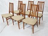 Lot 459  -  Set 6 Danish Modern Teak Tall Back Dining Chairs. Oatmeal fabric upholstered seats. Marked Made in Denmark. -- Dimensions:  H: 38.75 inches: W: 20 inches: D: 19.5 inches --- 