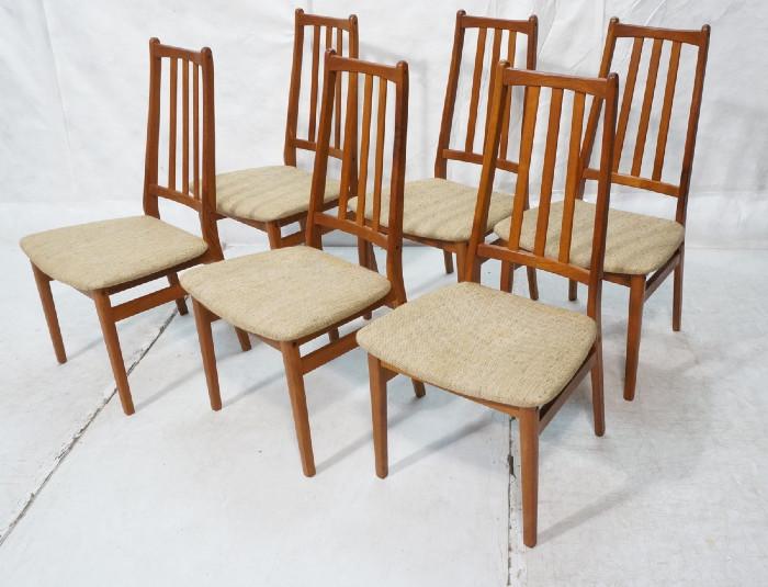 Lot 459  -  Set 6 Danish Modern Teak Tall Back Dining Chairs. Oatmeal fabric upholstered seats. Marked Made in Denmark. -- Dimensions:  H: 38.75 inches: W: 20 inches: D: 19.5 inches --- 