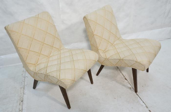Lot 461  -  Pr JENS RISOM style Lounge Chairs. Armless Lounge Chairs. Tapered Wood Legs. Cream Fabric Upholstery. -- Dimensions:  H: 31 inches: W: 21 inches: D: 27 inches --- 