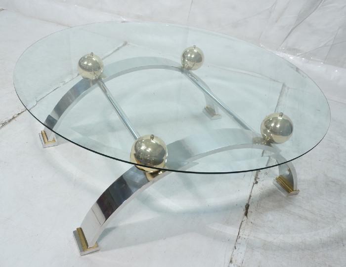 Lot 462  -  Large Contemporary Modern Coffee Cocktail Table. Large Beveled Glass Top on Arched Chrome Base. Heavy Construction. Thin Glass Top has 2" bevel. -- Dimensions:  H: 18 inches: W: 50 inches: D: 50 inches --- 