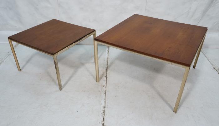 Lot 470  -  2pc FLORENCE KNOLL Tables. White Iron Frames. Wood Tops. Two different size square tables.-- Dimensions:  H: 19 inches: W: 32 inches: D: 32 inches --- 