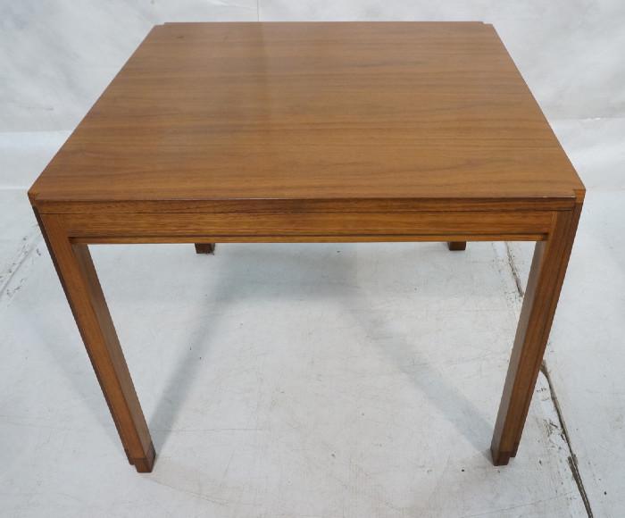 Lot 474  -  DUNBAR Side Occasional Table. Mahogany with Rosewood Capped Legs. Aluminum details to legs. Rectangle metal Dunbar tag.-- Dimensions:  H: 22 inches: W: 27 inches: D: 27 inches --- 