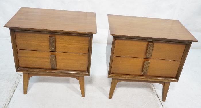 Lot 481  -  Pr American Modern Walnut Two Drawer Night Stands. Carved Details to Wood Pulls. Raised on Legs. Beveled Overhang Tops.-- Dimensions:  H: 24 inches: W: 24 inches: D: 16 inches --- 