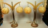 Lot 483  -  Pr Modernist Walnut Lamps. Dangling spaghetti spun plastic ball shades. -- Dimensions:  H: 28 inches: W: 22 inches: D: 7.5 inches --- 