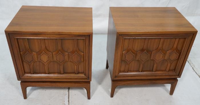 Lot 484  -  Pr Decorator Night Stands Side Tables. Panel Fronts. Walnut American Modern Walnut-- Dimensions:  H: 2424.75 inches: W: 21.5 inches: D: 16 inches --- 