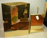 Lot 487  -  3pc C JERE Lighting Lot. Large Brass Table Lamp. Two Brass Rectangular Shades. All signed-- Dimensions:  H: 26 inches: W: 15 inches: D: 6 inches --- 