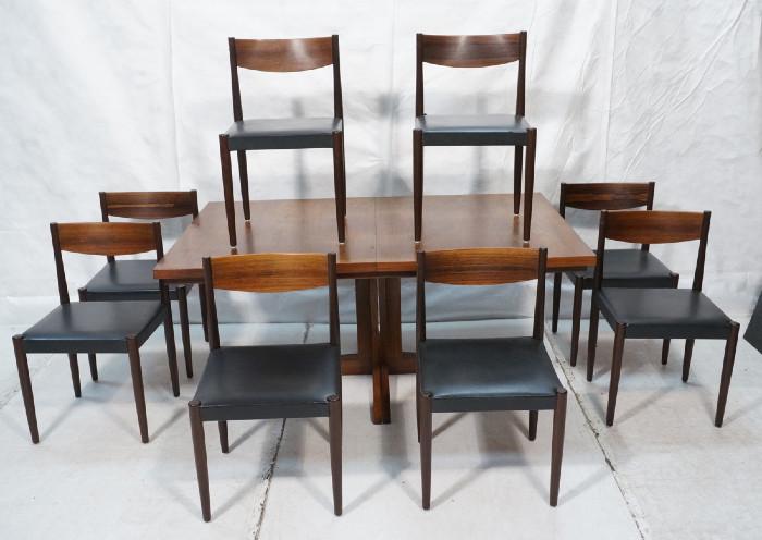 Lot 493  -  Rosewood & Teak Danish Modern Table & 8 Dining Chairs. Banded Top. Four footed pedestal base. Two 19.5" Leaves. Eight chairs have black seat cushions.  Danish Control label.-- Dimensions:  H: 28 inches: D: 39.5 inches: L: 64.75 inches --- 