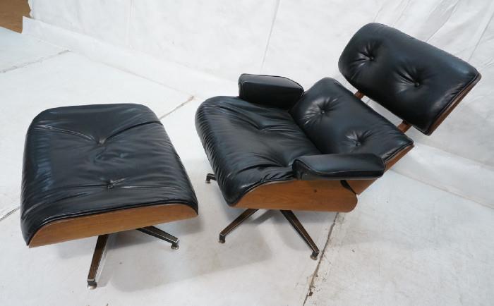 Lot 494  -  EAMES style Walnut Lounge Chair & Ottoman. Black upholstery. Probably Plycraft; not marked-- Dimensions:  H: 33.25 inches: W: 33 inches: D: 33 inches --- 
