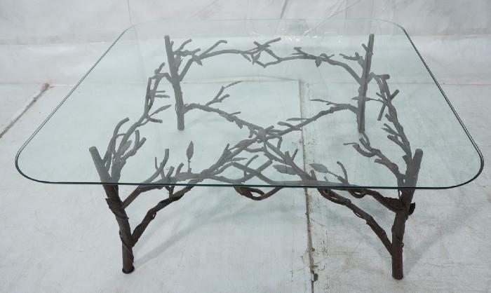 Lot 496  -  Tree Branch Form Metal Coffee Table. Square Glass Top Cocktail Table. Painted bronze finish. Not marked.-- Dimensions:  H: 16.25 inches: W: 40 inches: D: 40 inches --- 