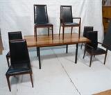 Lot 497  -  Modernist Dining Table & Six Chairs. Wide Butcher block mixed wood top. Two 17.75" leaves. Walnut Chairs by DILLINGHAM. -- Dimensions:  H: 29.25 inches: D: 39 inches: L: 72 inches --- 