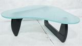 Lot 501  -  Frosted Glass Modernist Wood Cocktail Table. 3/4" thick biomorphic shaped frosted glass top. NOGUCHI ebonized wood base. -- Dimensions:  H: 16 inches: W: 43 inches: D: 40.5 inches --- 
