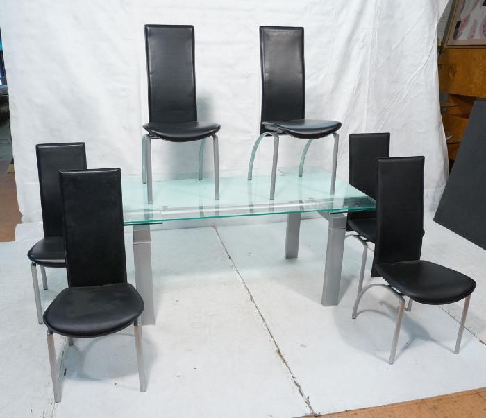 Lot 502  -  7pc KAISER NEWMAN style Modernist Dining Set. Refractory Glass Dining Table. Set of 6 hard leather back Chairs. Not marked -- Dimensions:  H: 29.5 inches: D: 39.5 inches: L: 67 inches --- 