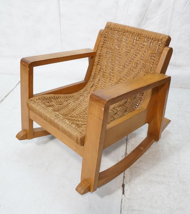 Lot 503  -  Early KNOLL Assoc Inc Rocker Rocking Chair. Woven Sling Seat on Wide Wood Frame. Possible a prototype. Labeled. -- Dimensions:  H: 30.5 inches: W: 28 inches: D: 36.5 inches --- 
