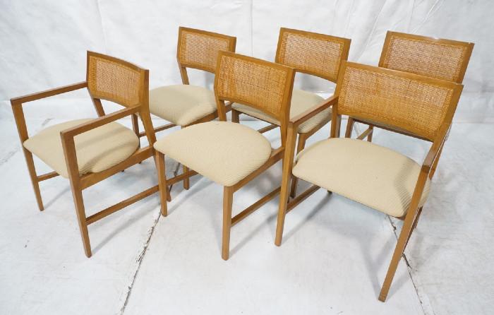 Lot 506  -  Set 6 EDWARD WORMLEY for DUNBAR Dining Chairs. Two Arm & Four Side Chairs. Woven Backs. Upholstered seats on angled wood frames. Rectangular metal tag. -- Dimensions:  H: 30.75 inches: W: 21.25 inches: D: 21 inches --- 