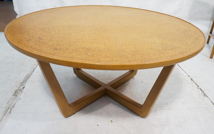 Lot 507  -  EDWARD WORMLEY For DREXEL Coffee Table. Round cork top cocktail table on angled base. Precedent by Drexel. -- Dimensions:  H: 18.25 inches: W: 37 inches: D: 37 inches --- 