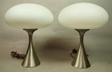 Lot 511  -  Pr LAUREL Mushroom Table Lamps. Frosted glass shades on stainless bases. Laurel mark-- Dimensions:  H: 17 inches: W: 12 inches: D: 12 inches --- 