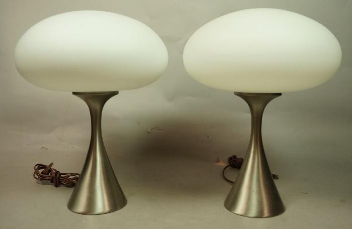 Lot 511  -  Pr LAUREL Mushroom Table Lamps. Frosted glass shades on stainless bases. Laurel mark-- Dimensions:  H: 17 inches: W: 12 inches: D: 12 inches --- 