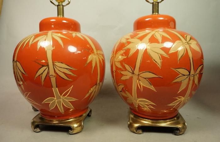 Lot 514  -  Pr Asian inspired Pottery Lamps. Hand Painted Bamboo design on ginger jar form. Brass trim-- Dimensions:  H: 28 inches: W: 12 inches --- 